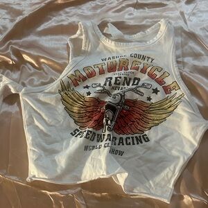 White Motorcycle Graphic Tank Top with Red & Gold Wings